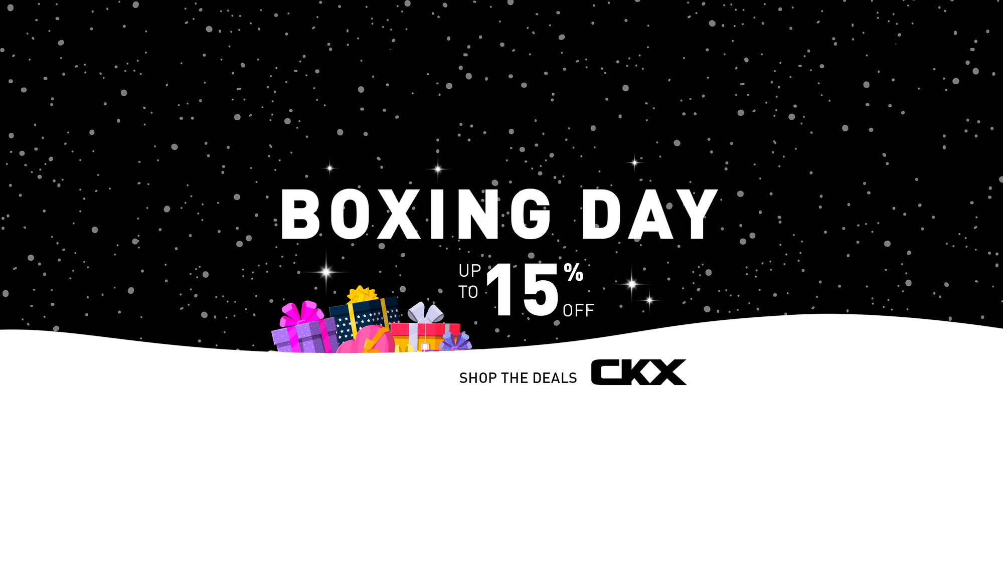 Promotional graphic for CKX Boxing Day sale with colorful gift boxes on a snowy background.
