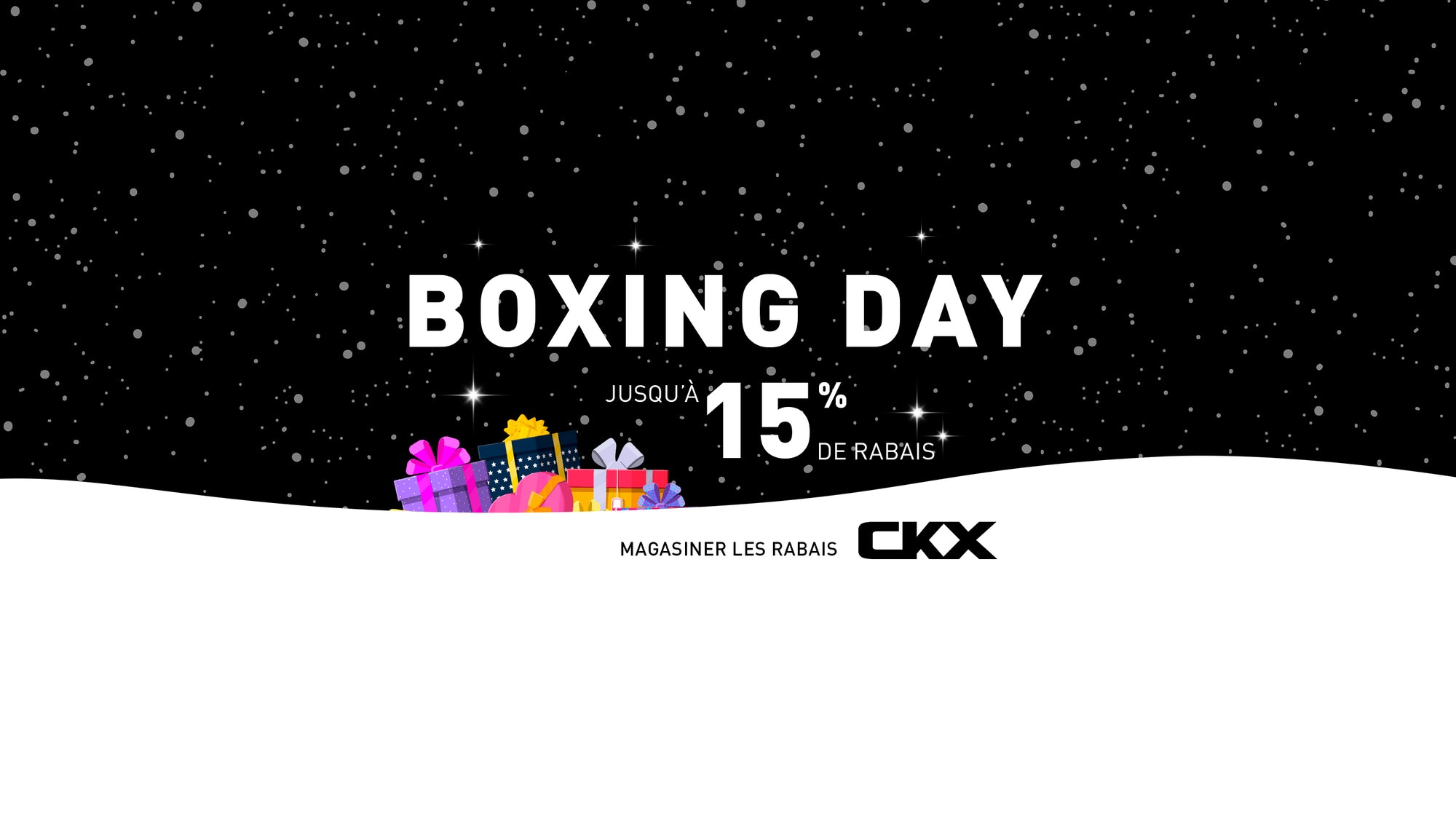 Promotional graphic for Boxing Day sale with colorful Christmas trees and CKX branding.